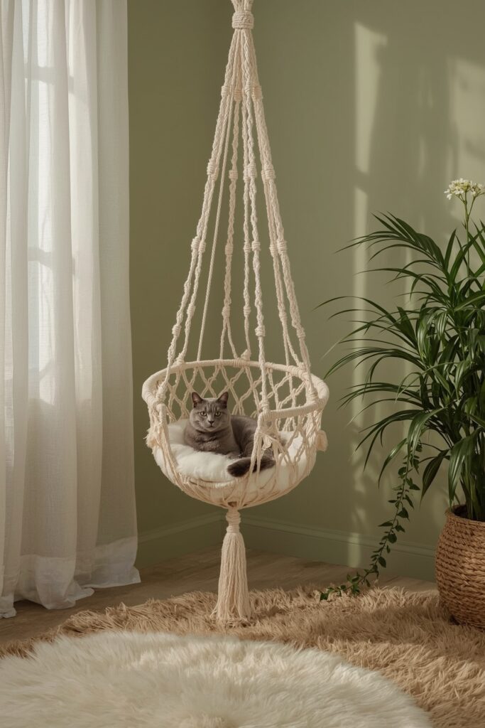 Hanging Macrame Cat Cradle in Room Corner