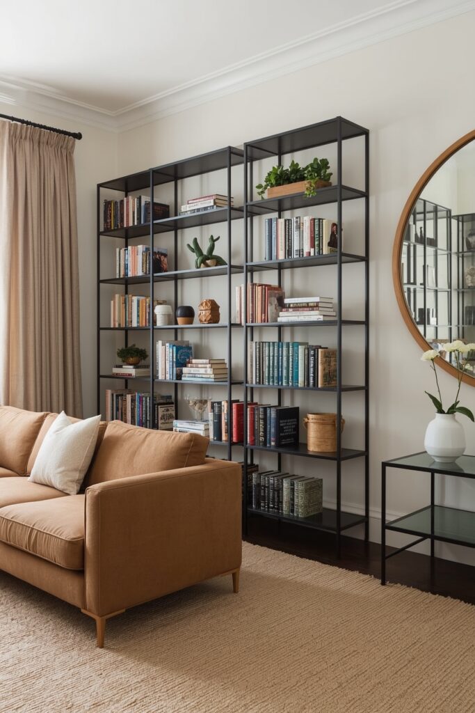 Low Profile Furniture with Tall Bookshelves
