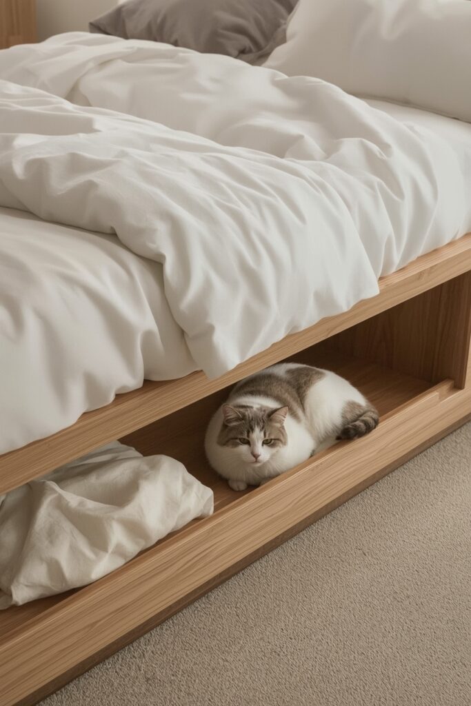 Bed Frame with Built-In Cat Cubbyholes