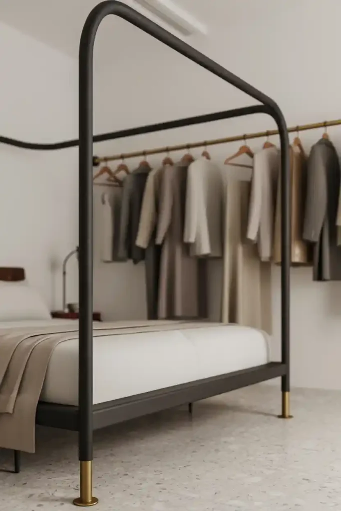 Ceiling-Hung Clothing Rail Above Foot of Bed