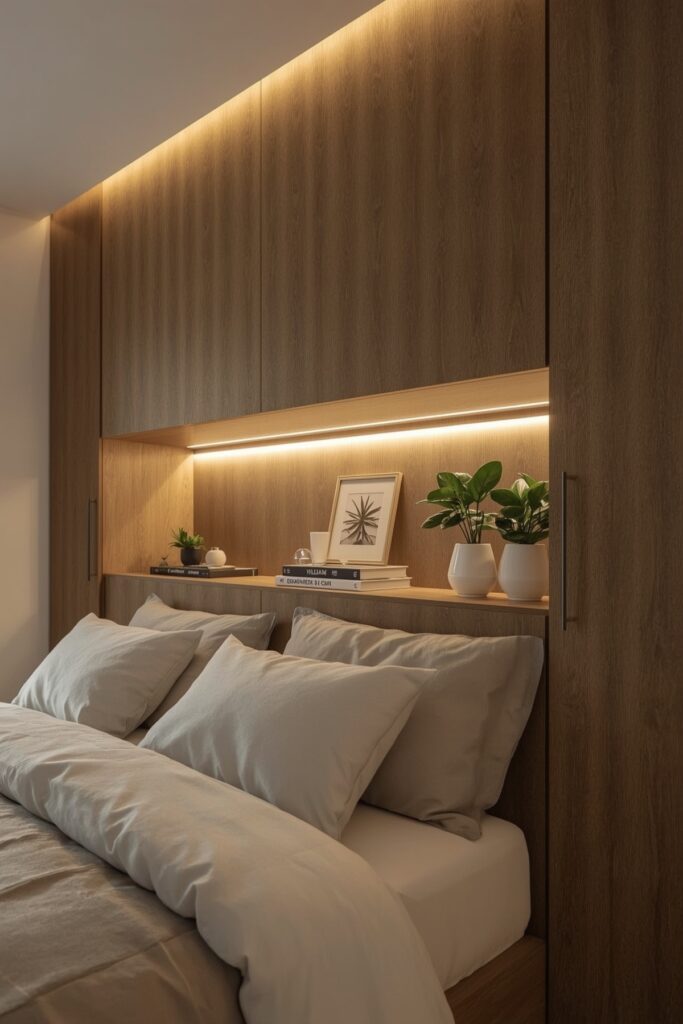 Bed with Overhead Cabinets and Lighting