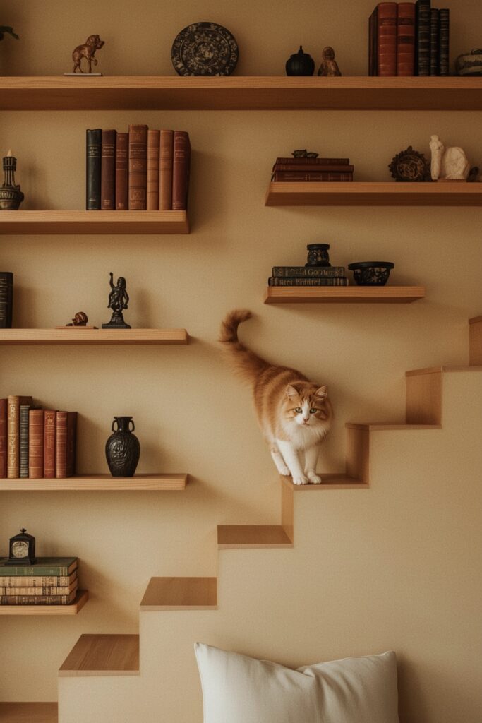 Floating Bookshelves That Double as Cat Steps