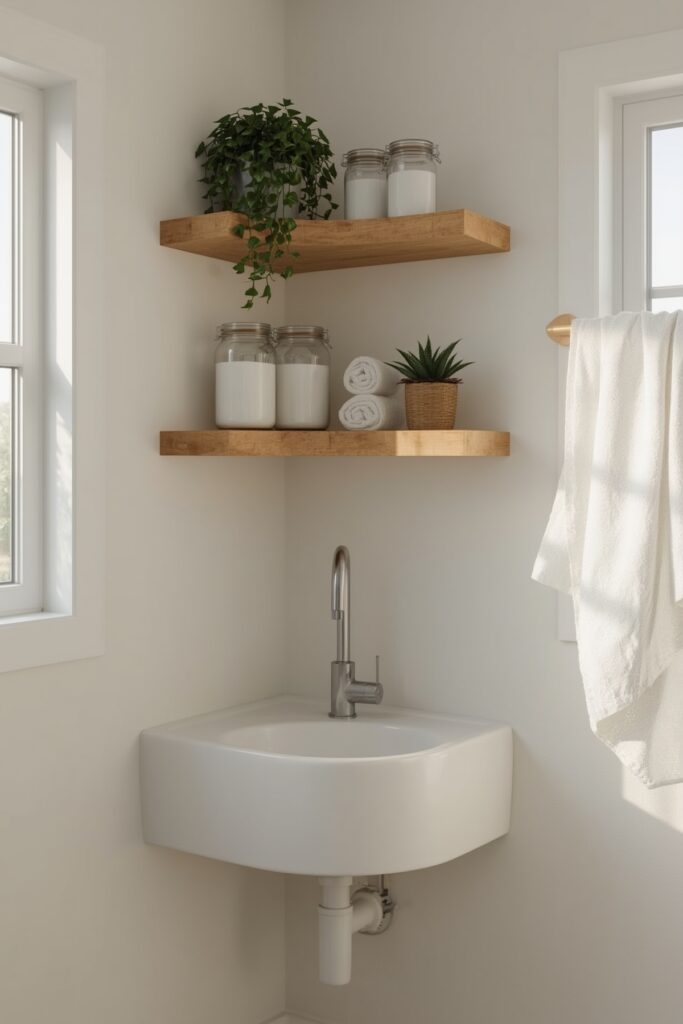 Corner Sink with Floating Shelves

