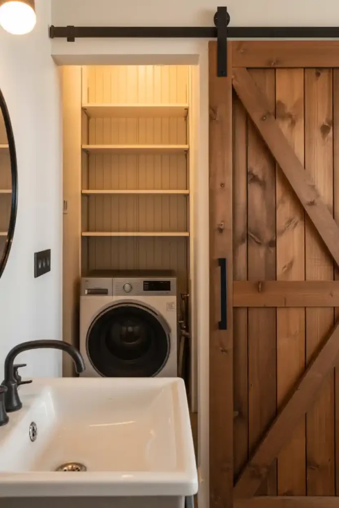 Basin Sink Tucked Behind Sliding Barn Door

