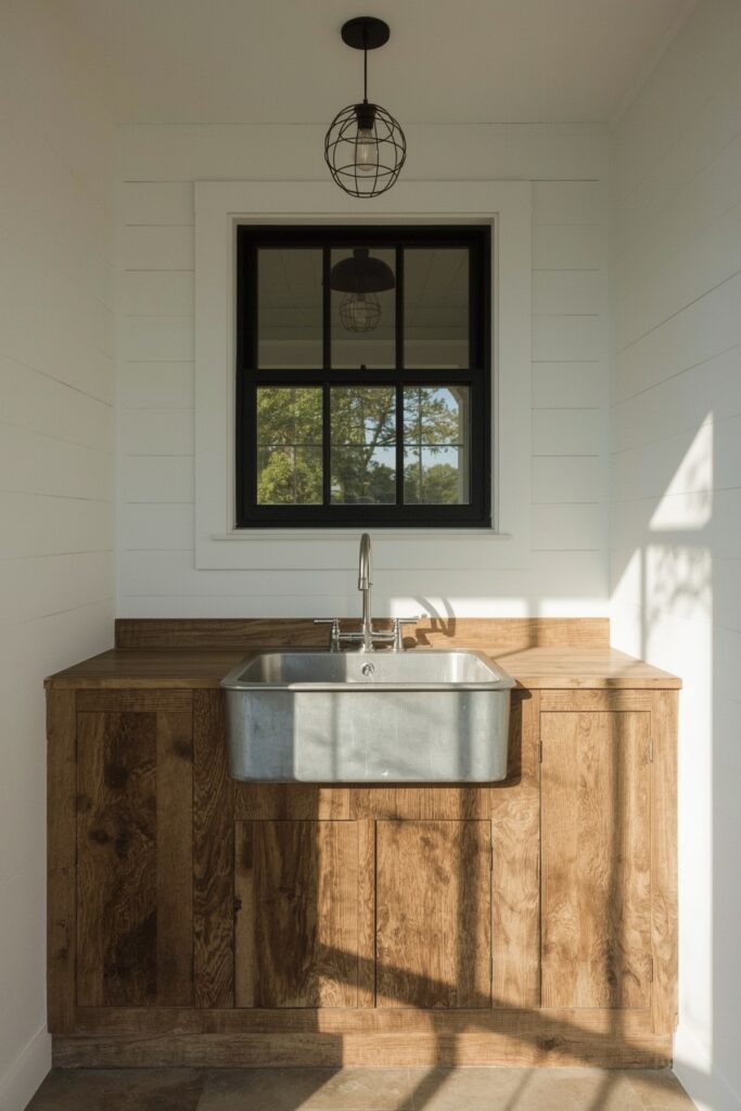 Galvanized Metal Sink with Reclaimed Wood Surround
