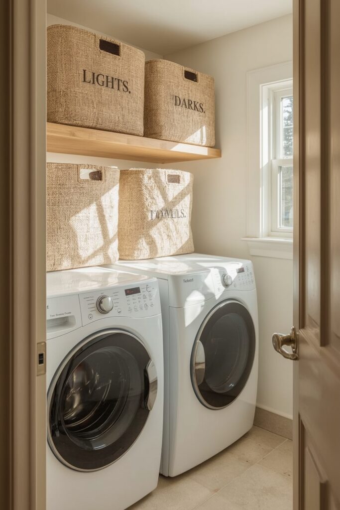Neutral Tone Closet with Jute Baskets and Labels