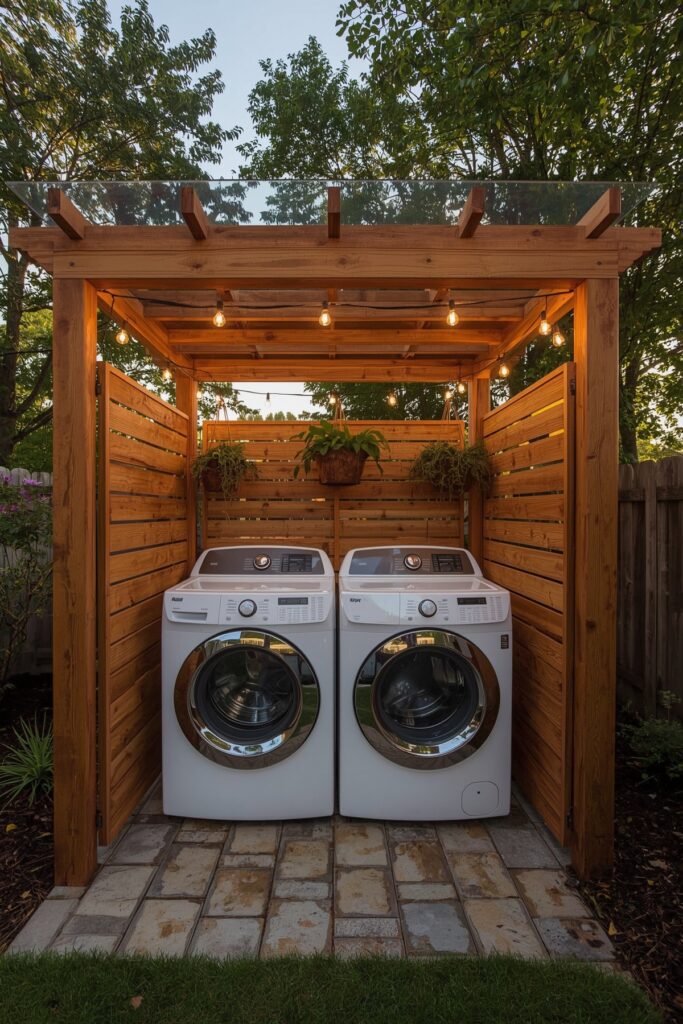 Pergola-Covered Washer-Dryer Setup

