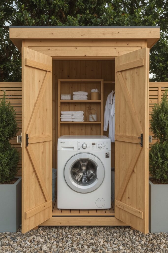 Laundry Closet with Swinging Wooden Doors


