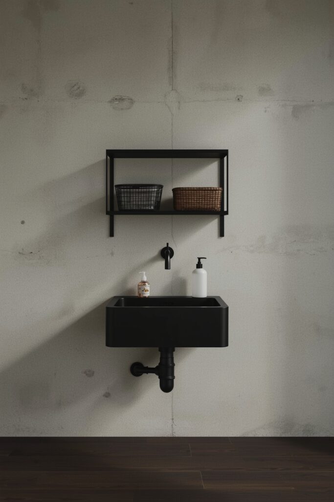 Black Utility Sink with Open Metal Shelves
