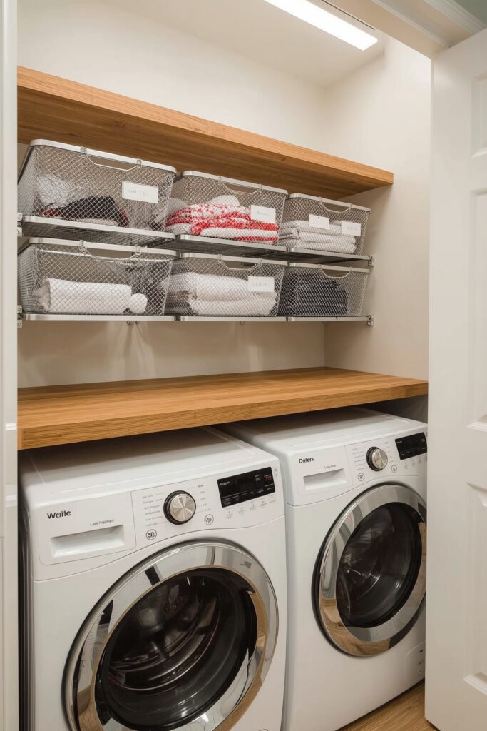 Closet with Slide-Out Mesh Bins for Sorting