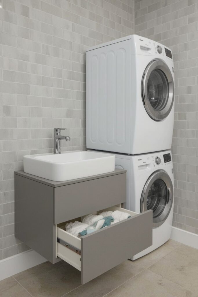 Floating Vanity Sink Beside Washer-Dryer Tower
