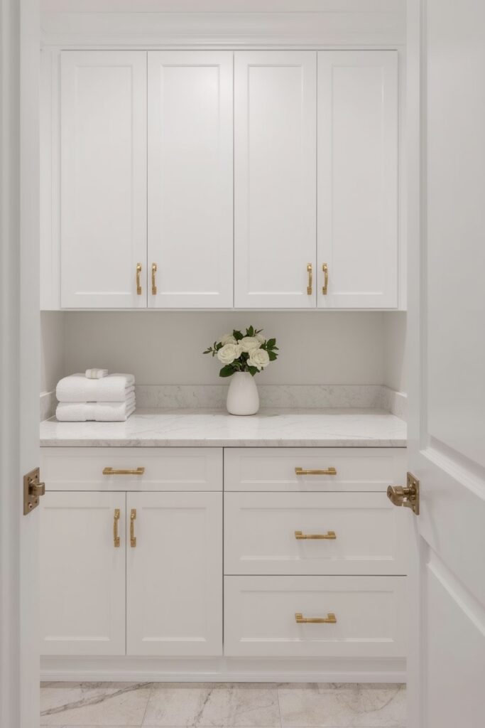 All-White Laundry Closet with Gold Hardware