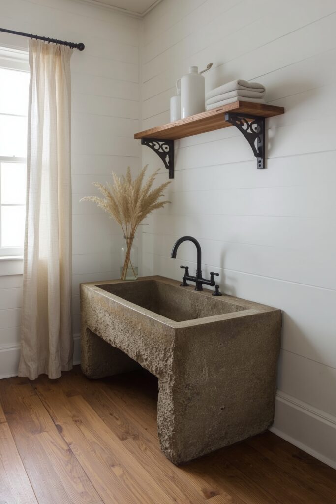 Reclaimed Stone Sink in Cottage Laundry Corner
