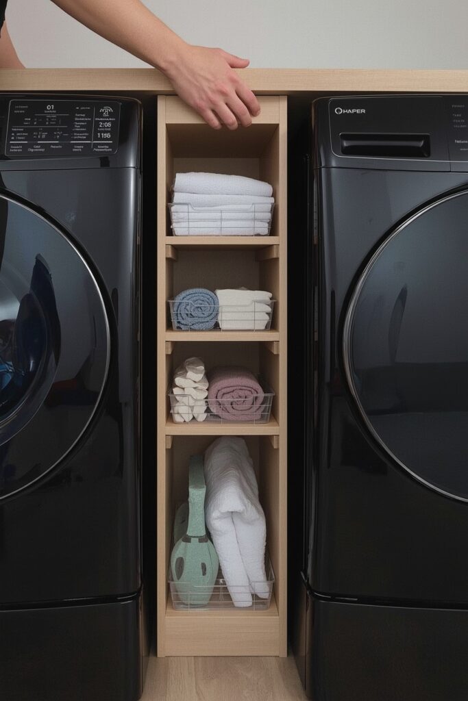 Slim Slide-Out Storage Towers Between Appliances
