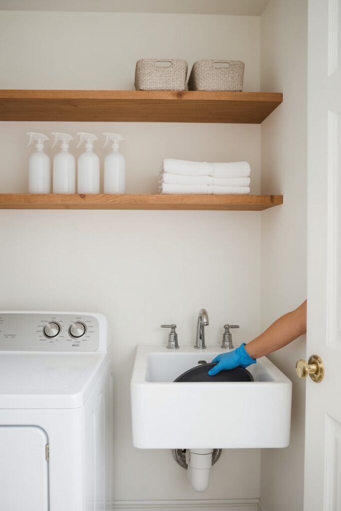 Wall-Mounted Utility Sink Under Shelves