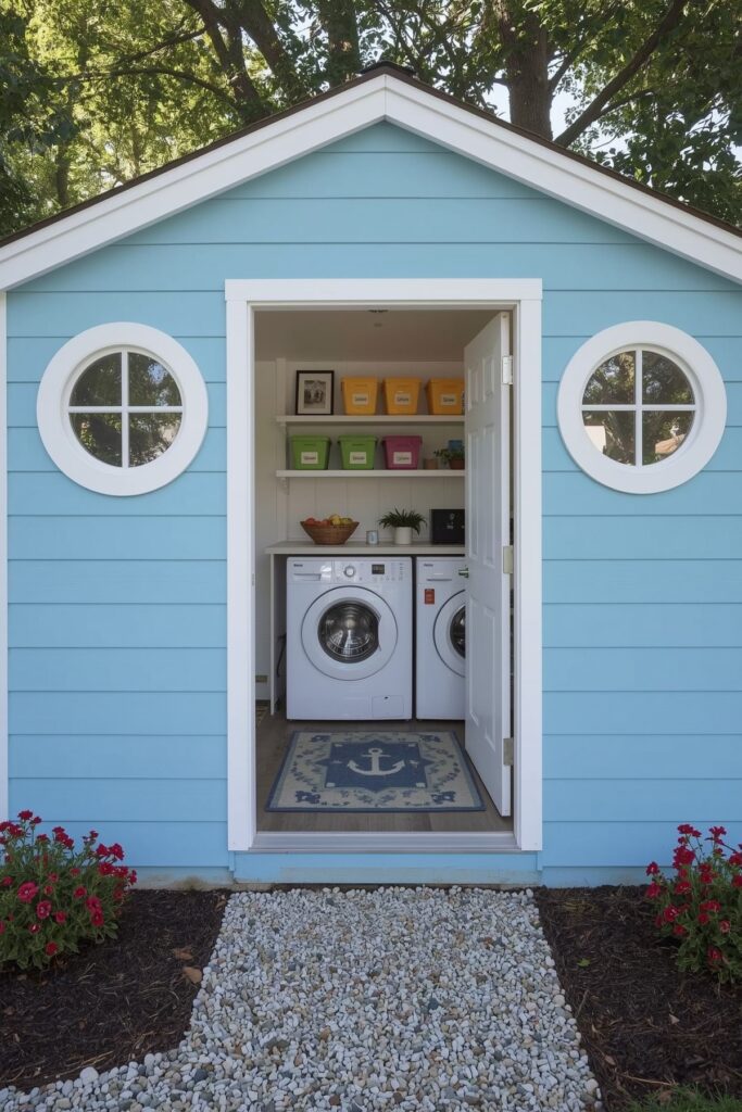 Shed-Turned-Laundry with Porthole Windows

