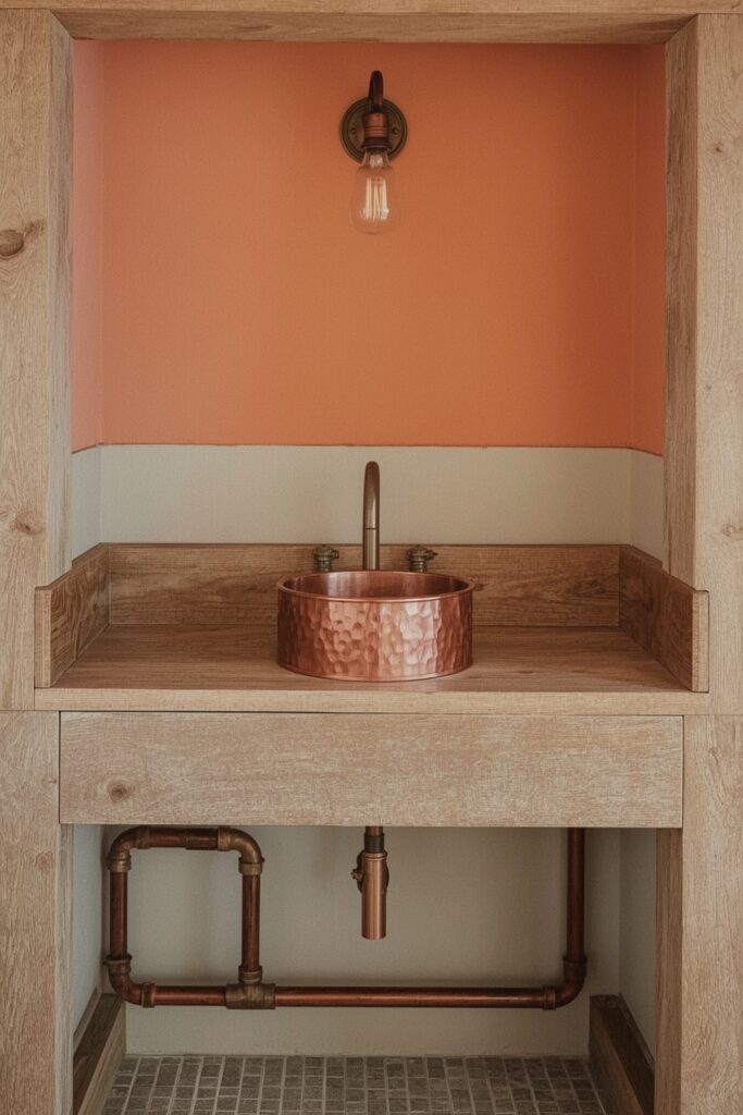 Small Copper Sink with Open Pipe Drain

