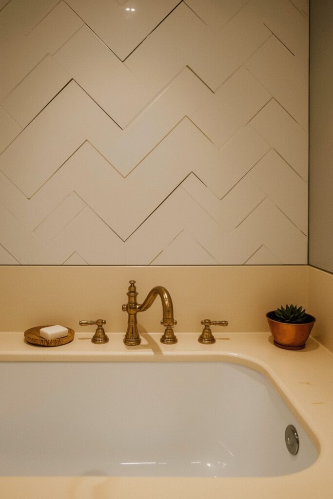 Deep Tub Sink with Herringbone Accent Wall

