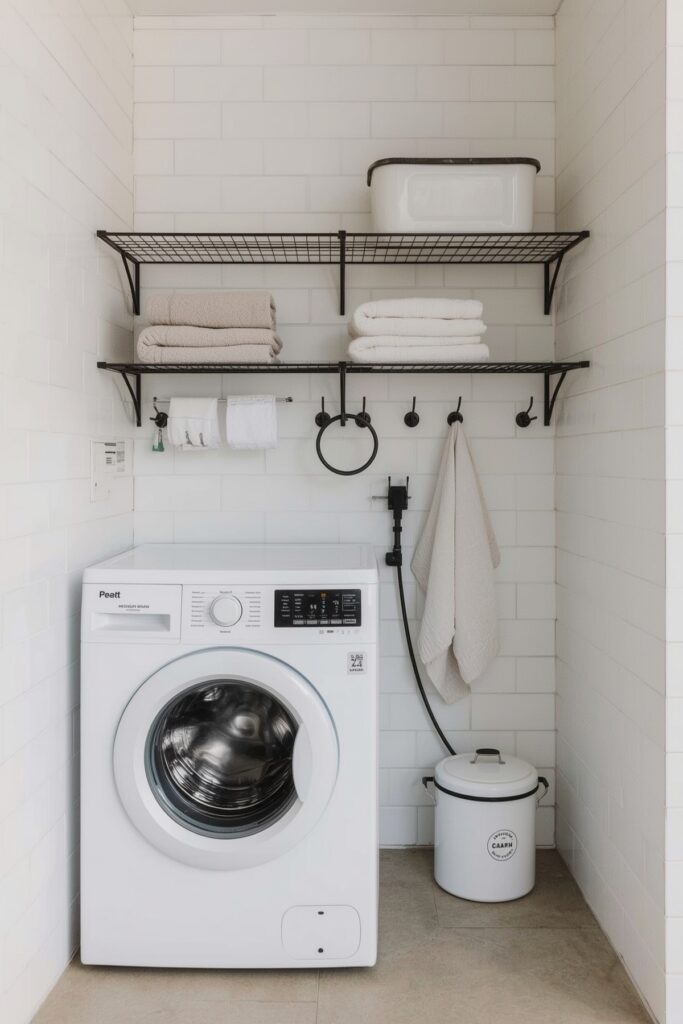 Compact Tiled Utility Wall for Easy Cleaning


