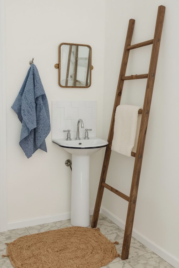 Compact Enamel Sink with Ladder Towel Rack
