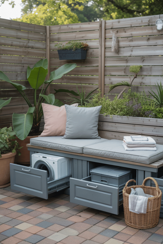 Laundry Drawer System Under Garden Bench


