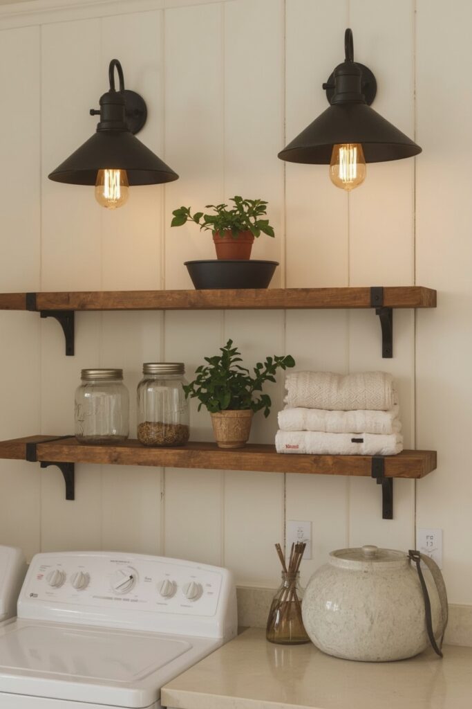 Rustic Lighting Sconces Above Shelves


