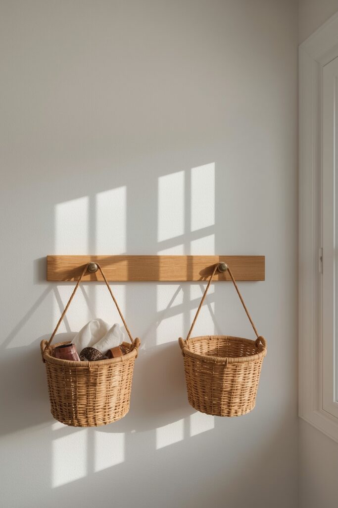 Woven Baskets on Wall-Mounted Rails




