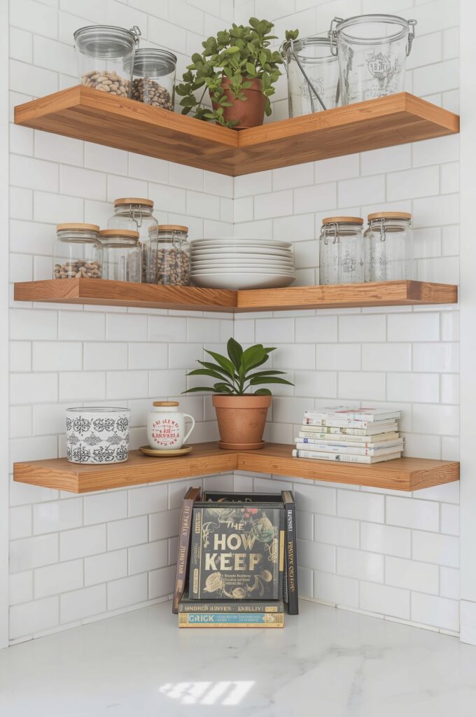 Corner Open Shelves with Decorative Storage