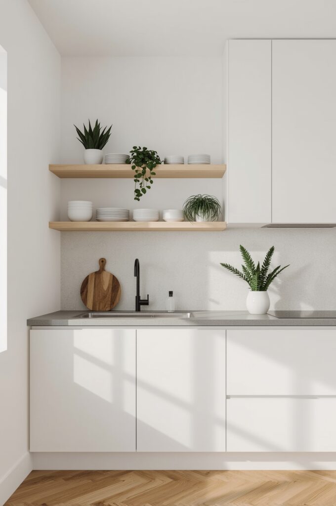 One-Wall Kitchen with Floating Shelves