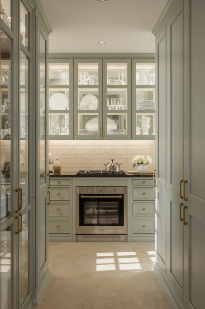 Narrow Galley with Glass-Front Cabinets