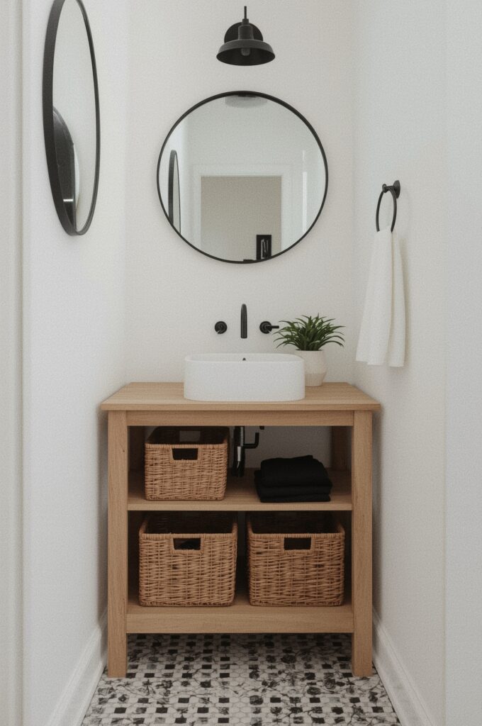 Open Shelf Vanity with Baskets