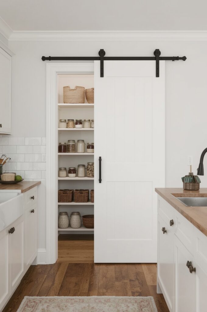 Kitchen with Sliding Barn Door Pantry
