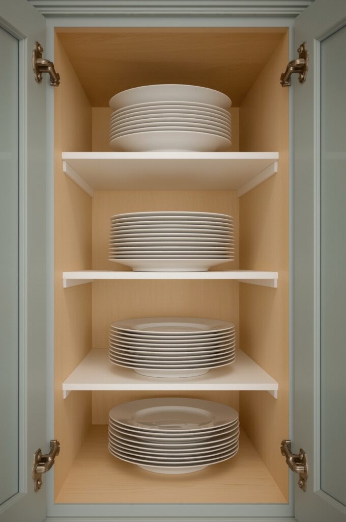Stackable Shelf Risers in Cabinets