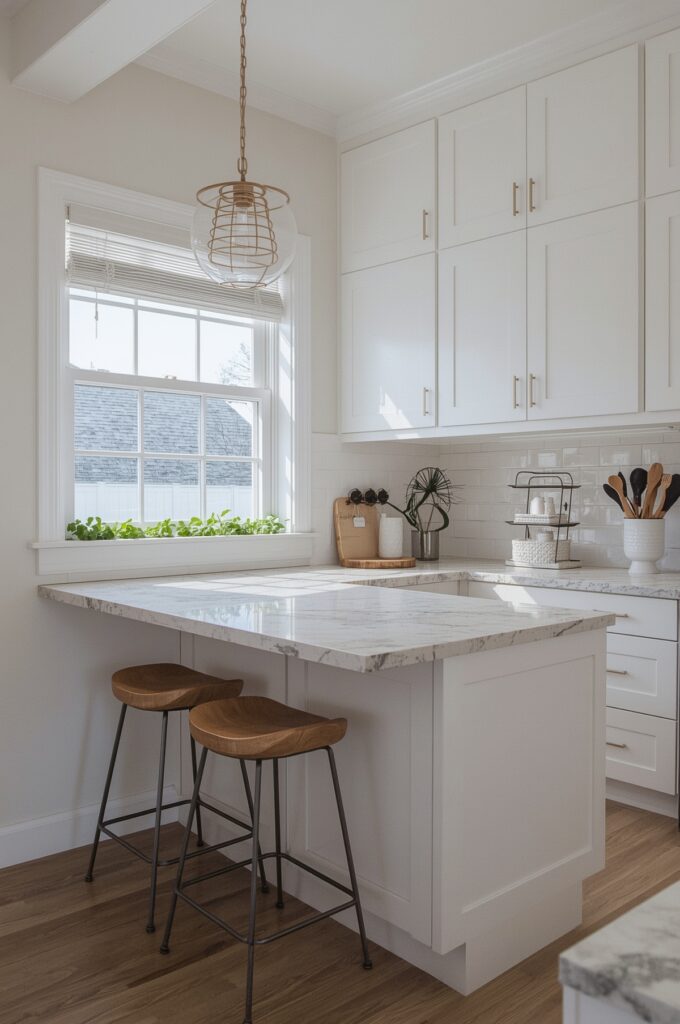 L-Shaped Kitchen with Window Bar Seating