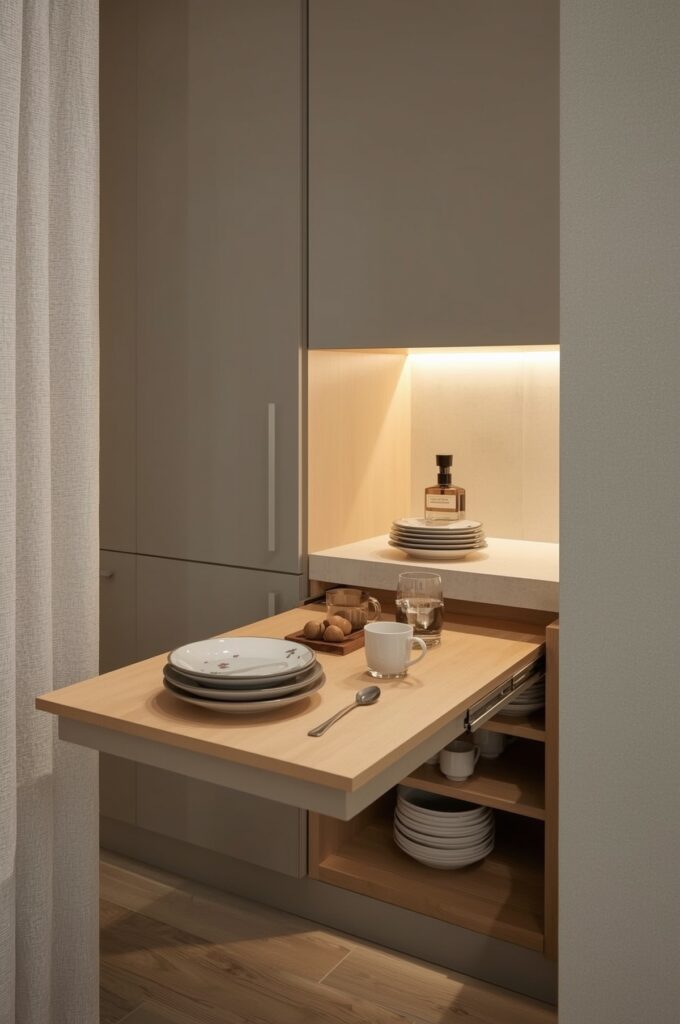 Hidden Pull-Out Dining Table from Cabinet