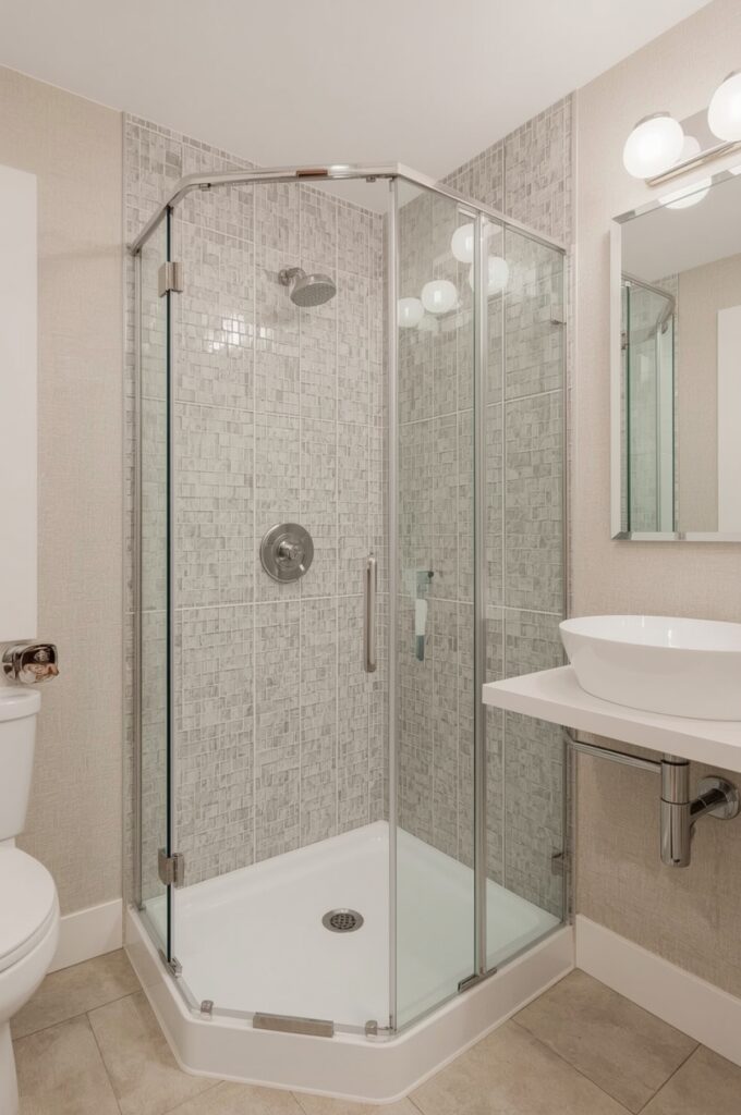 Corner Shower with Floating Corner Vanity Nearby