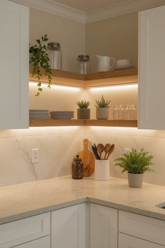 Floating Corner Shelves with Underlighting