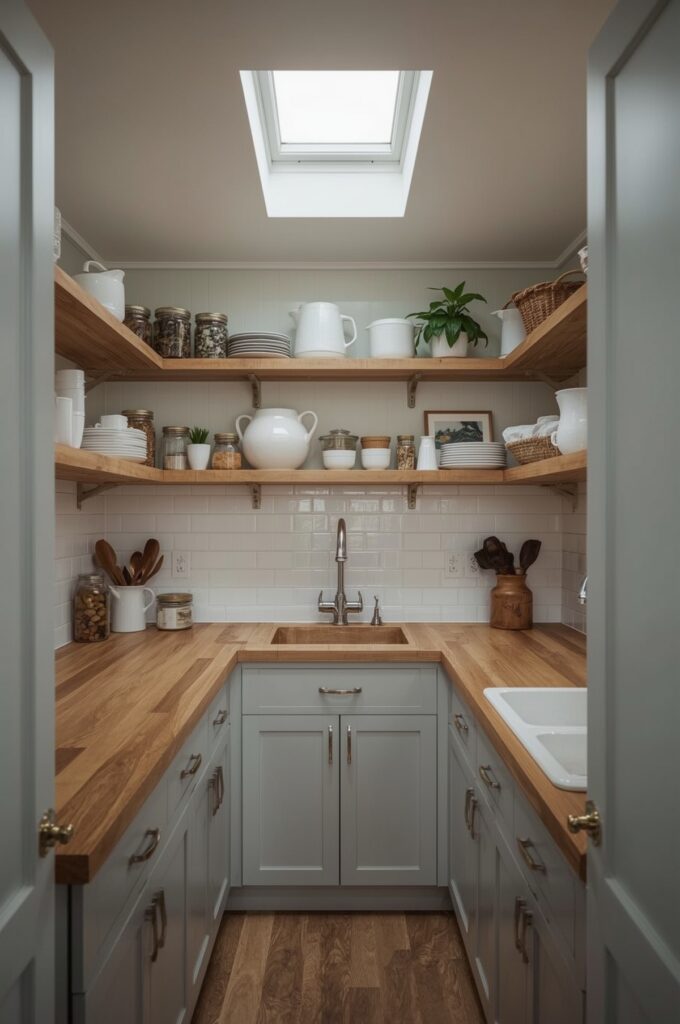 Galley Kitchen with Open Upper Cabinets