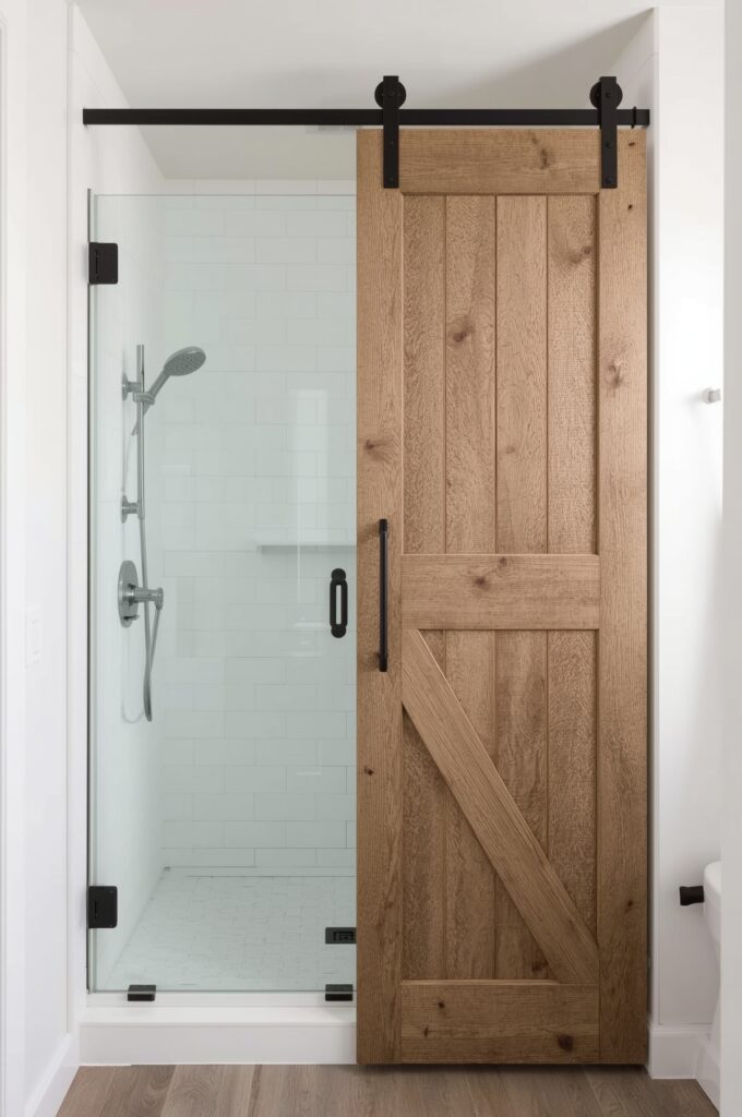 Corner Shower with Sliding Barn-Style Door