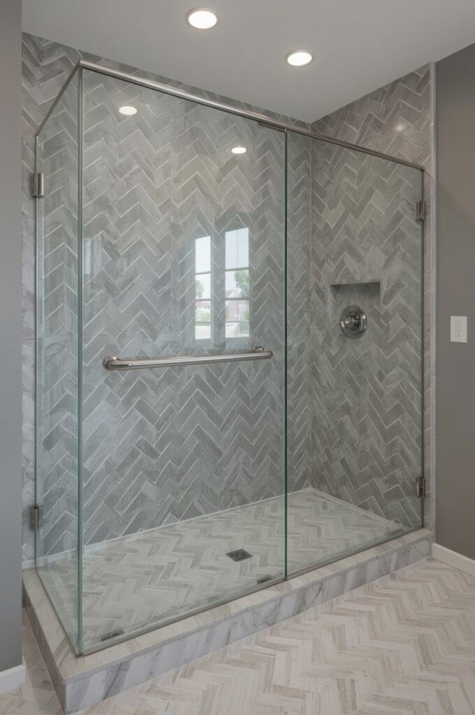Frameless Shower with Chevron Floor Tiles