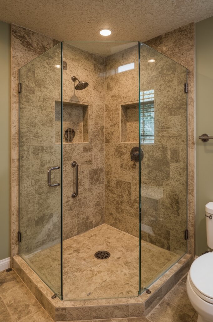 Corner Shower with Stone Accent Wall