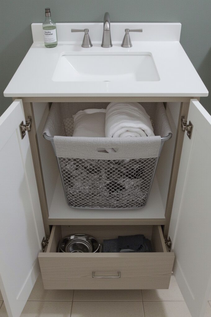 Double-Duty Vanity with Laundry Hamper