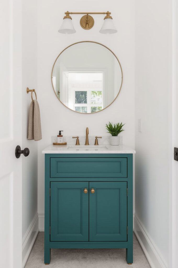 Bold Statement Color Vanity in Small Space