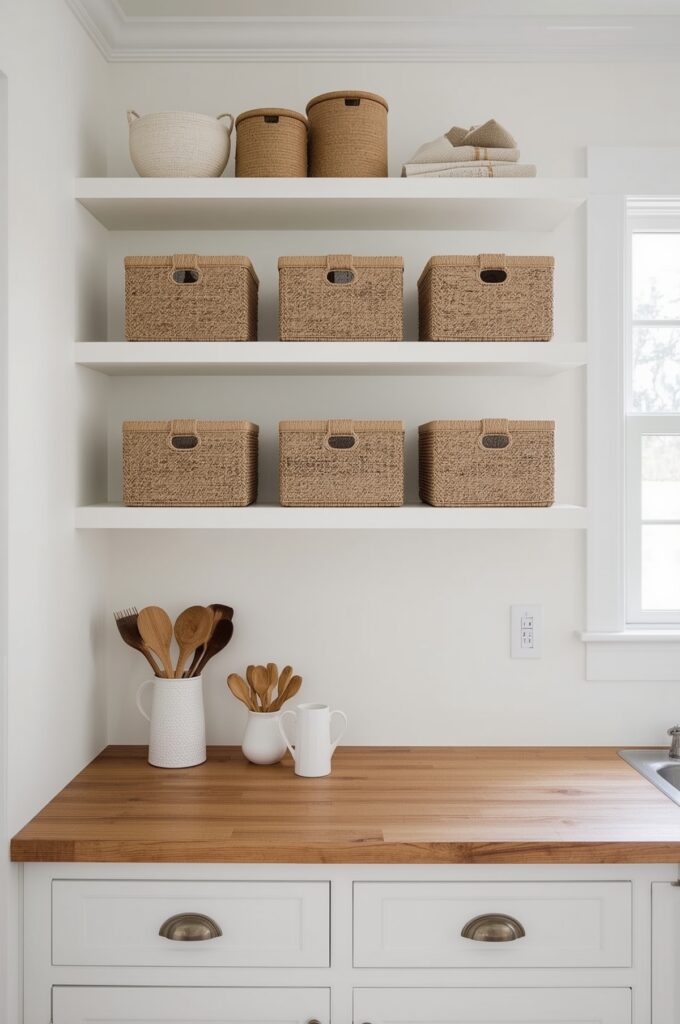 Open Shelf with Decorative Storage Bins