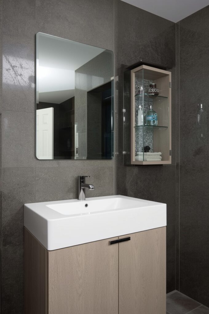 Vanity with Recessed Wall Storage Behind Mirror