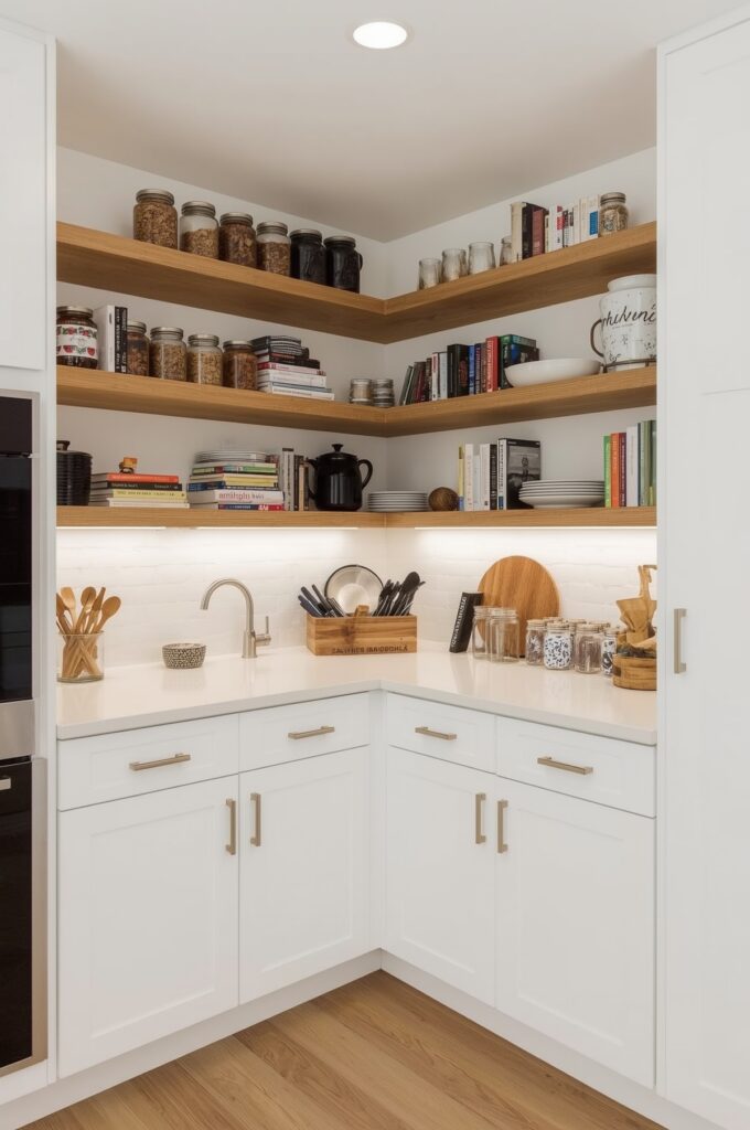Corner Layout with Tiered Storage Shelving