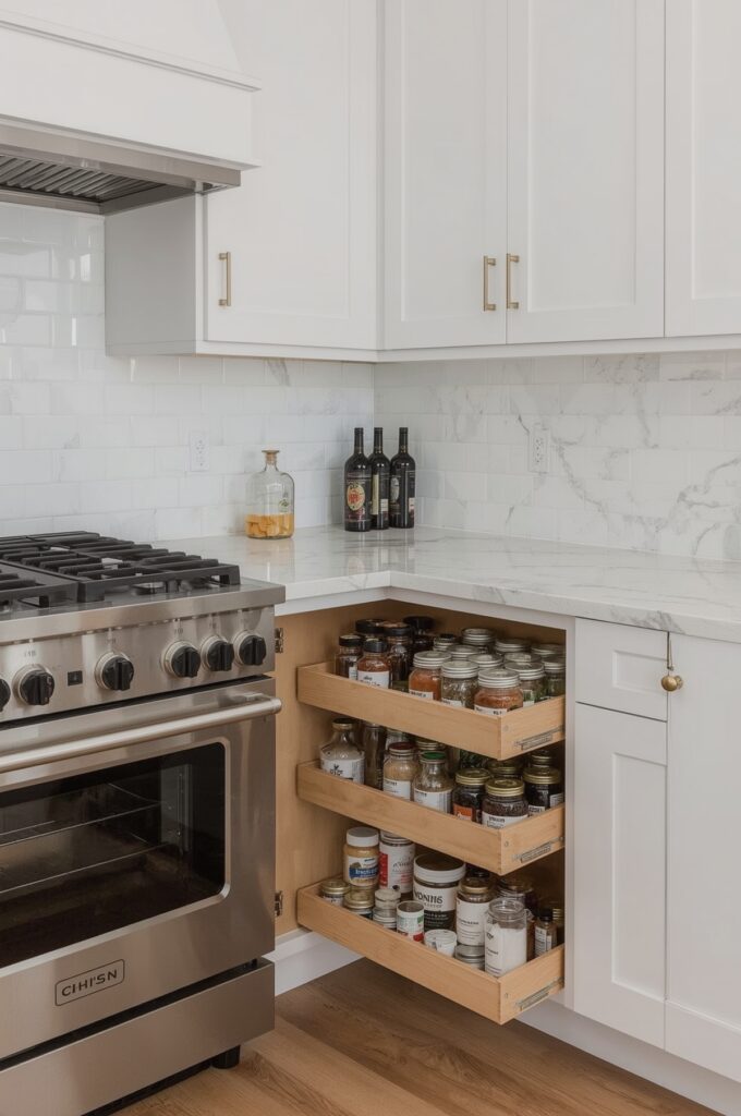 Compact L-Shaped Layout with Slide-Out Spice Racks
