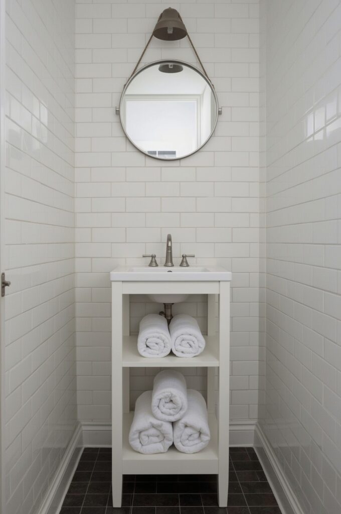 Narrow Pedestal Vanity with Storage Shelf