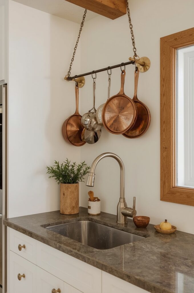 Kitchen with Hanging Copper Pot Rack