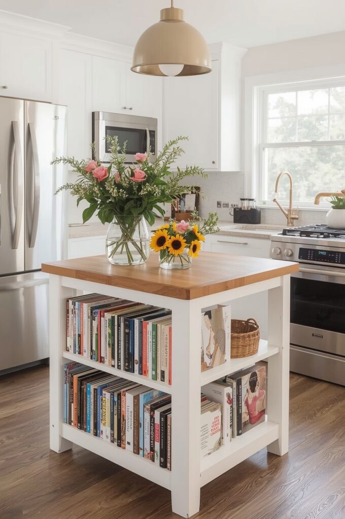 Dual-Purpose Kitchen Island with Bookshelf